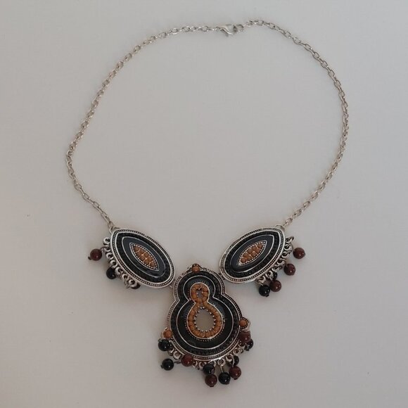 FUN Bohemian Statement Necklace Silver Tone Women's Necklace Black Brown - Picture 2 of 3